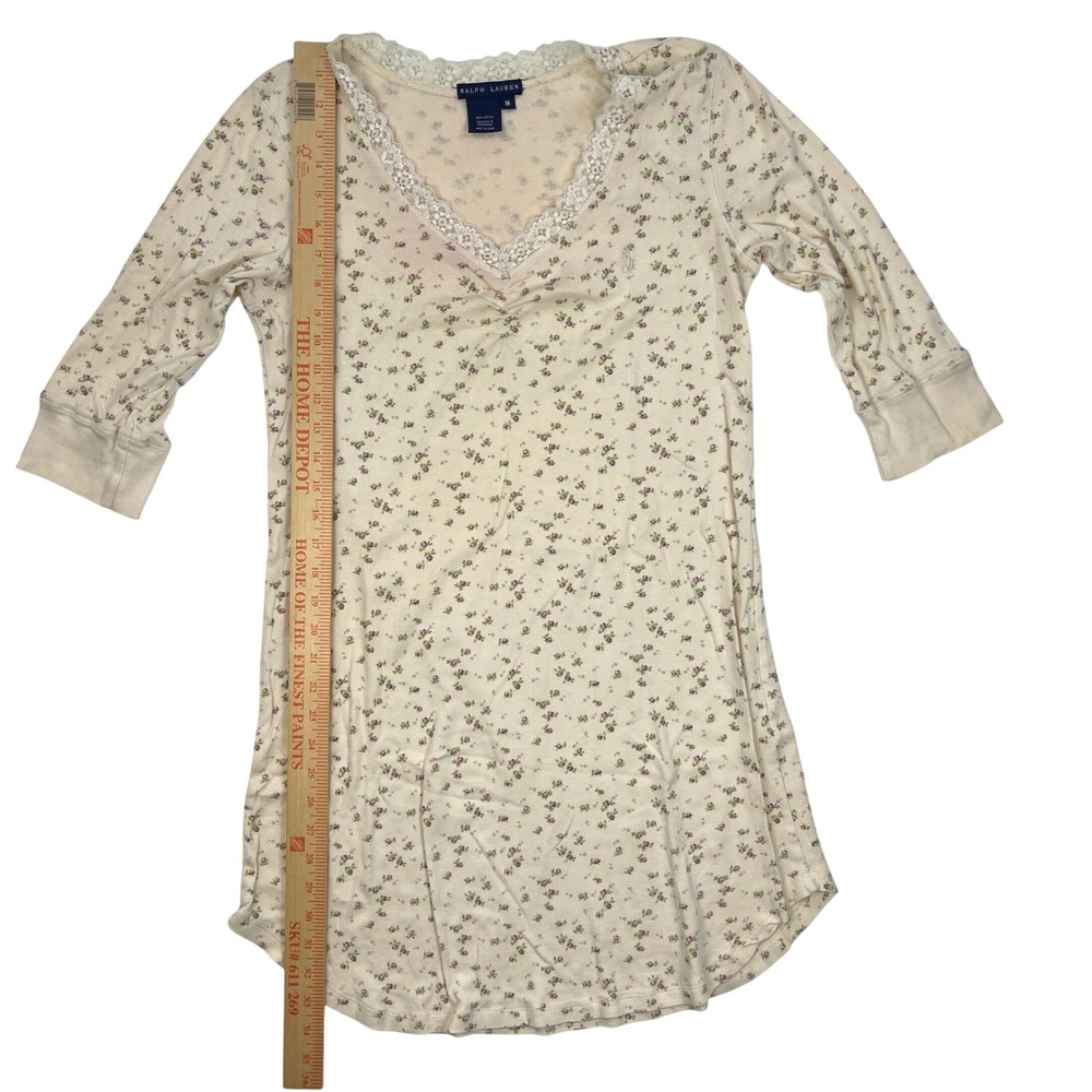 Ralph Lauren Floral Lace Trim Nightgown Cream Pink Floral Medium 3/4 Sleeve - Picture 6 of 7